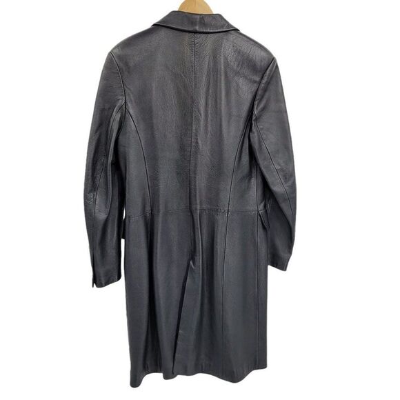 Vtg Trench Coat Faux Leather Wool Lined Longline Pockets Matrix Coplay Blk Sz S - Picture 3 of 11